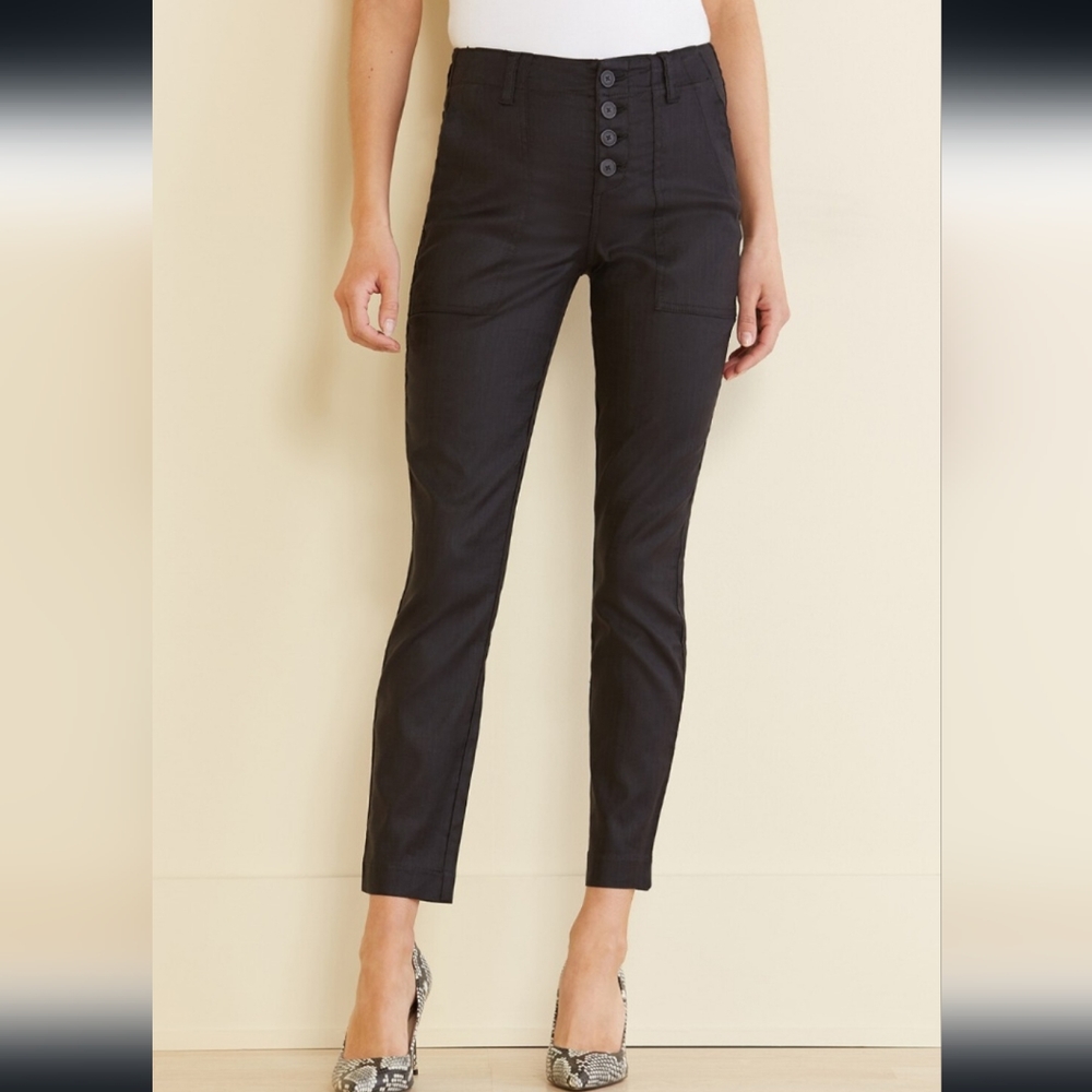 Level 99 Exposed Button Trouser in Black Linen Blend